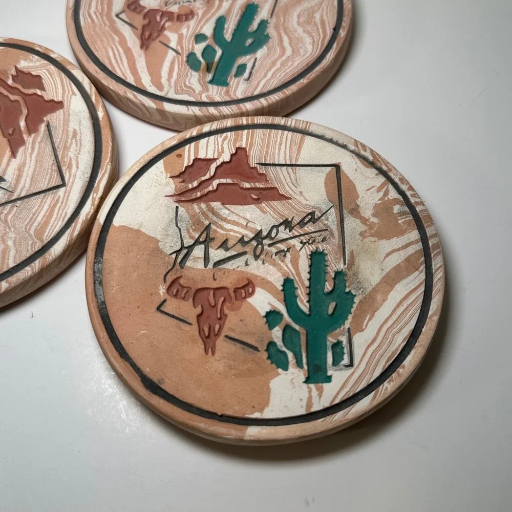 Vintage Arizona Souvenir Stone Coasters Set of‎ 3 Cactus Steer Skull Cork Back
